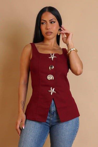 Coastal Charm Seashell Button Top - Burgundy - Palazzo Couture Online