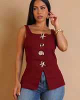 burgundy seashell button sleeveless top front view