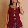 burgundy seashell button sleeveless top front view