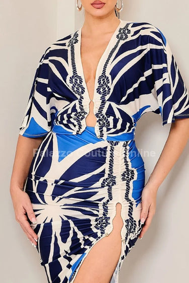Coastal Knot Ruched Skirt Set - Blue close up of matching top design and fabric