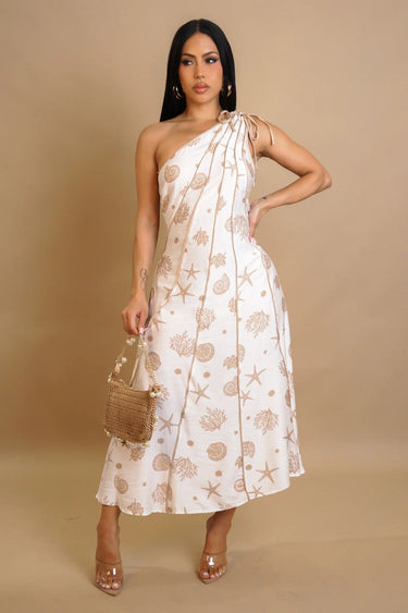 Coastal Muse One Shoulder Midi Dress - Taupe - Palazzo Couture Online