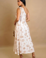 Coastal Muse One Shoulder Midi Dress - Taupe close up detail of one shoulder design