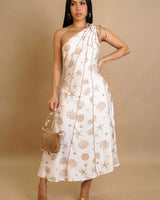 Coastal Muse One Shoulder Midi Dress - Taupe front view showing full midi length silhouette