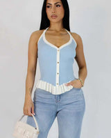 Coastal Muse Ribbed Halter Top Colors : baby blue for women - crop top by Palazzo Couture