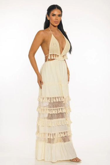 Coastal Muse Tassel Maxi Dress - Ivory showing sophisticated construction details