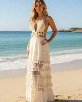 Coastal Muse Tassel Maxi Dress - Ivory close up detail of elegant design and fabric