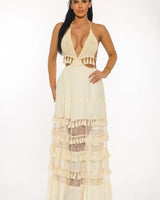 Coastal Muse Tassel Maxi Dress - Ivory side view highlighting floor-length hemline