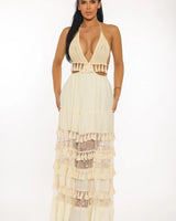 Elegant Ivory elegant maxi dress on model styled for evening event