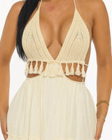 Coastal Muse Tassel Maxi Dress - Ivory full body look paired with heels and statement jewelry