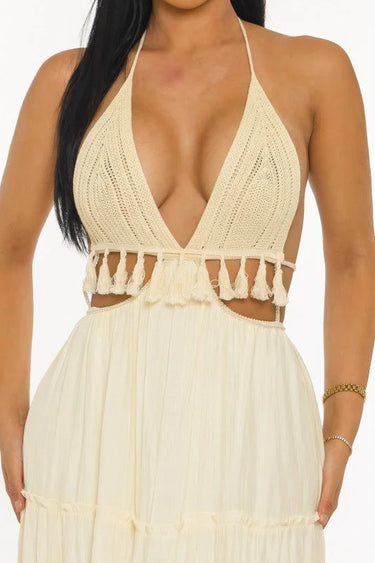 Coastal Muse Tassel Maxi Dress - Ivory full body look paired with heels and statement jewelry