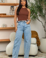 fitted ruffle knit top brown styled on model