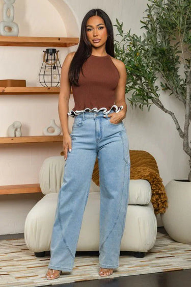 fitted ruffle knit top brown styled on model