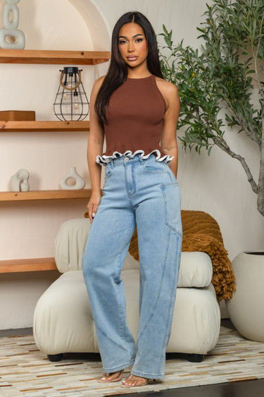 Cocoa Swirl Ruffle Knit Top - Brown - Palazzo Couture Online