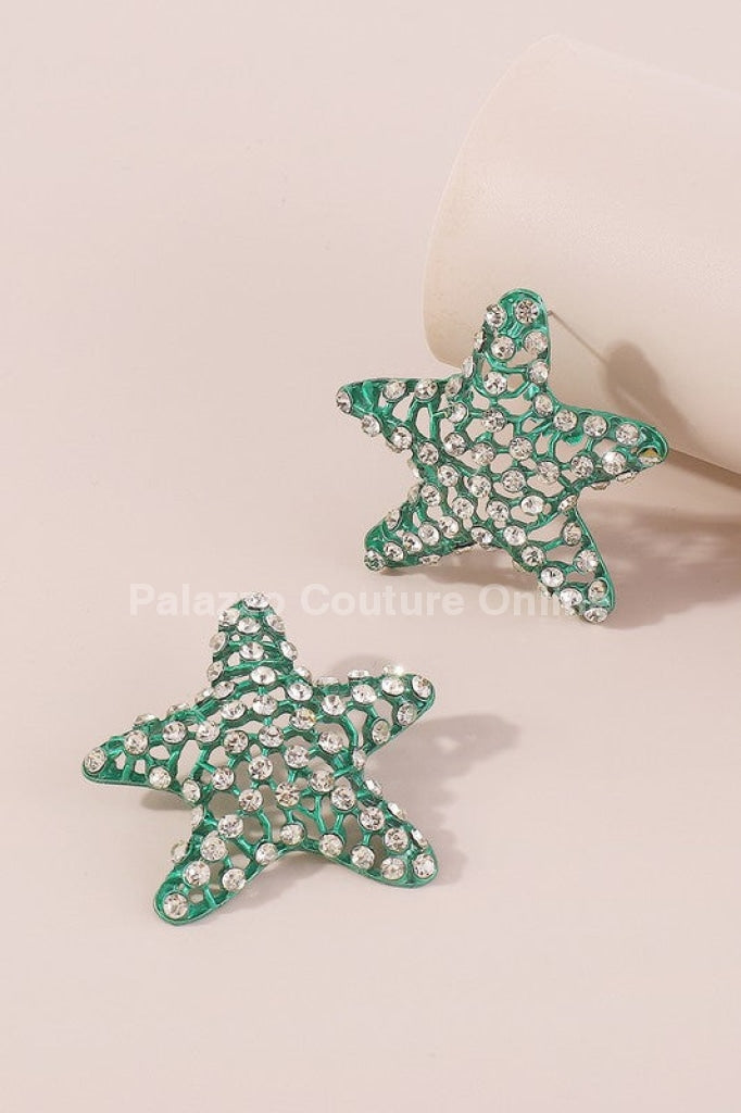 Colorful Rhinestone Starfish Stud Earrings (Green)