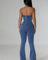 Long wide leg denim jumpsuit in classic blue