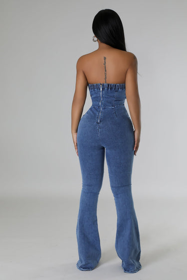 Long wide leg denim jumpsuit in classic blue