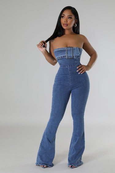 Blue denim jumpsuit with wide‑leg silhouette