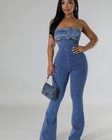 Sleeveless denim jumpsuit with belt and zipper closure