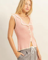 blush pink button front vest top side angle