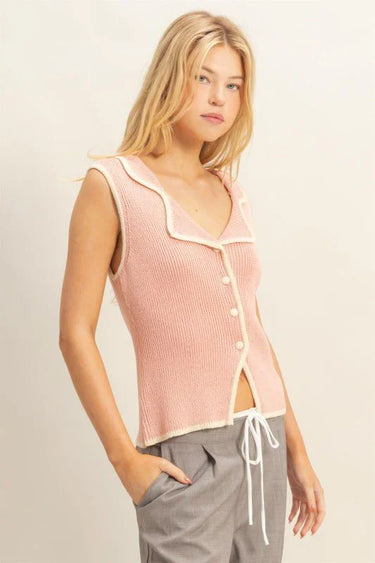 blush pink button front vest top side angle