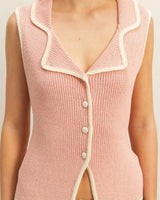 blush knit vest with button detail closeup