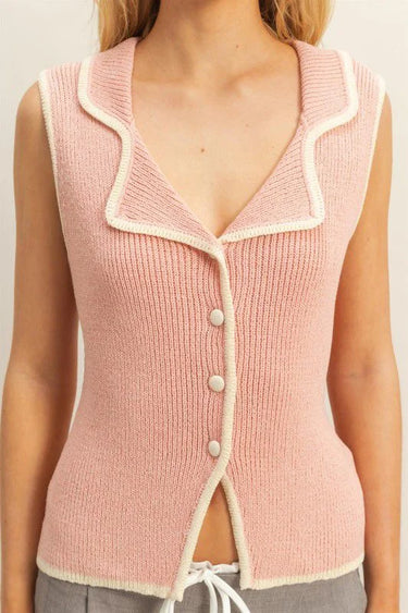 blush knit vest with button detail closeup