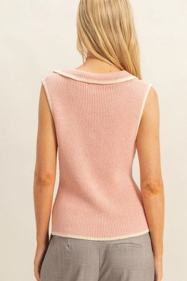 preppy knit vest top blush styled on model