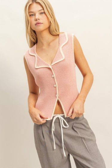 Contrast Trim Knit Vest Top - blush - Palazzo Couture Online