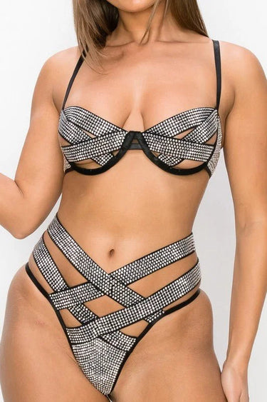 2 Piece Rhinestone Mesh Crop Top & Panty Set - view 3