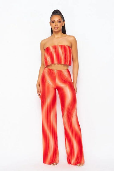 Flared bandeau top and straight leg pants set (Orange) - view 2