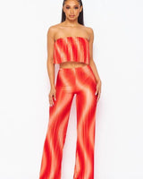 Flared bandeau top and straight leg pants set (Orange) - front view