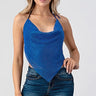 Metallic Rhinestone Backless Cowl Dark Blue Crop Top - front view