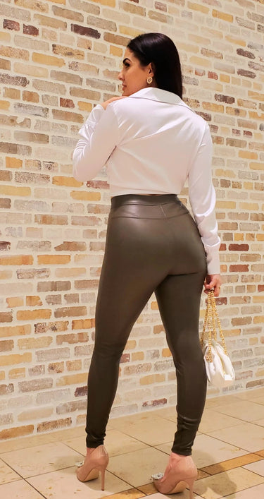 High Waist Skinny Faux Leather Pants (Olive) - view 5