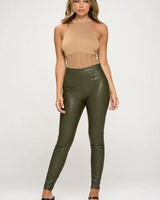 High Waist Skinny Faux Leather Pants (Olive) - front view