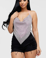 Metallic Rhinestone Backless Cowl Baby Pink Crop Top - front view
