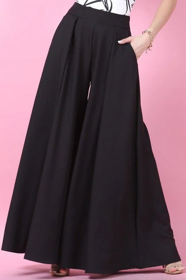 Solid Wide Palazzo Pants (Black) - view 2