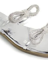 Women Rhinestone Double Bow Clear Strap Slide on Sandals (Silver) - view 2