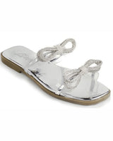 Women Rhinestone Double Bow Clear Strap Slide on Sandals (Silver) - front view