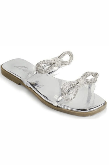 Women Rhinestone Double Bow Clear Strap Slide on Sandals (Silver) - front view