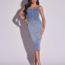 Corset-Inspired Women Denim Midi Dress - Bold Button Details, Back Slit, Stretch Fabric - Ships in 24-48 Hours