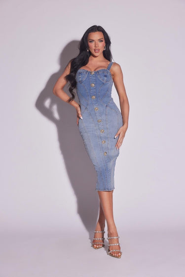 Corset-Inspired Women Denim Midi Dress - Bold Button Details, Back Slit, Stretch Fabric - Ships in 24-48 Hours
