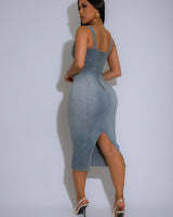 denim midi dress! Corset-inspired with bold buttons, back slit, and stretch fabric for the perfect fit.