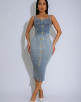 corset-inspired Women denim midi dress! Figure-flattering silhouette,  and stretch fabric for the perfect fit.