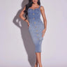 Corset Chic Inspired Women Denim Midi Dress front view showing full midi length silhouette