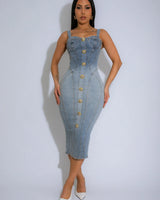 Corset Chic Inspired Women Denim Midi Dress side view highlighting midi hemline