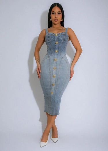 Corset Chic Inspired Women Denim Midi Dress side view highlighting midi hemline