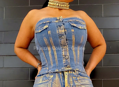 Corset Metalic Gold Blue Jean Small Top