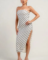 Cream and black crochet knit strapless midi dress with sequin stripes