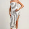 Cream and black crochet knit strapless midi dress with sequin stripes