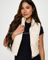 Faux Leather Cropped Puffer Vest – Quilted Vegan Outerwear - Cream - view 2